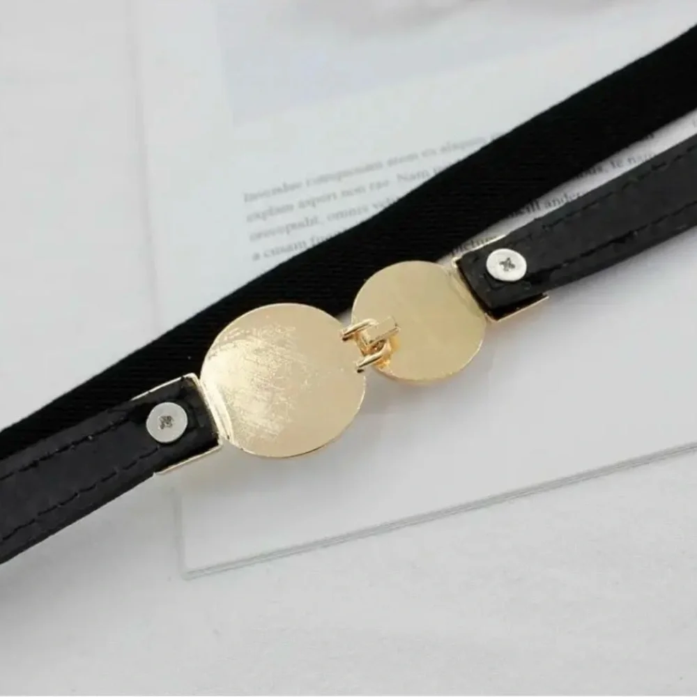 Thin Double Faux Pearl‎ Buckle Solid Color PU Leather Waist Thin Belt One Size